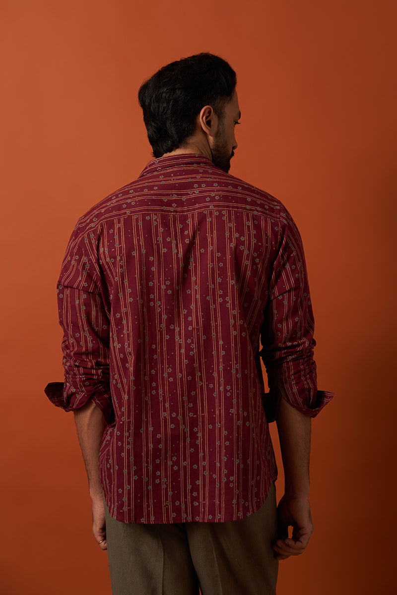 Wine Stripe Flower Voile Hand Blockprinted Shirt