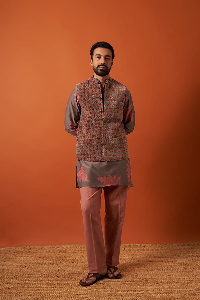 Kashyap Burnt Orange Wine Red Hand Blockprinted Cotton Velvet Bandi