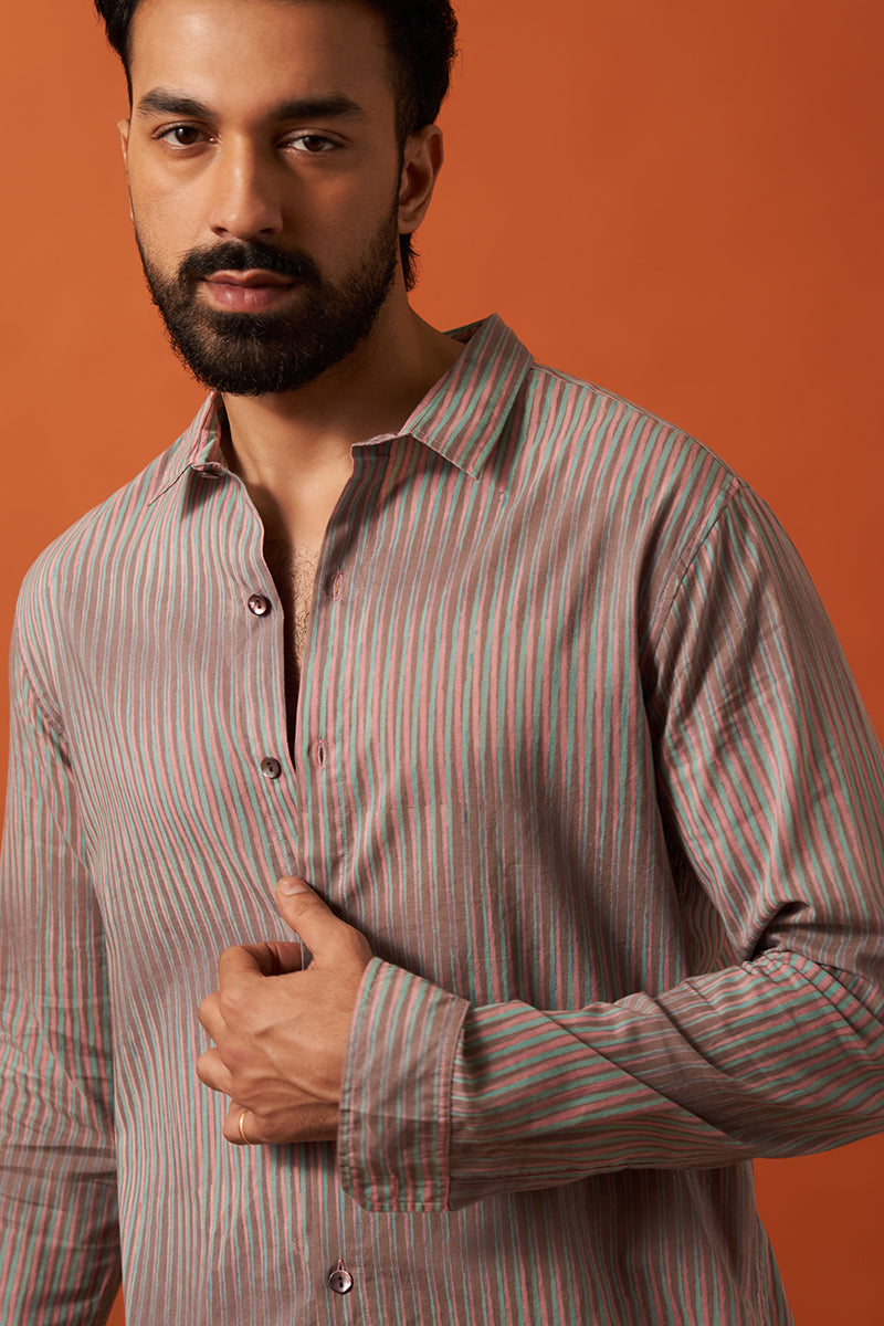 Grey Stripes Voile Hand Blockprinted Shirt