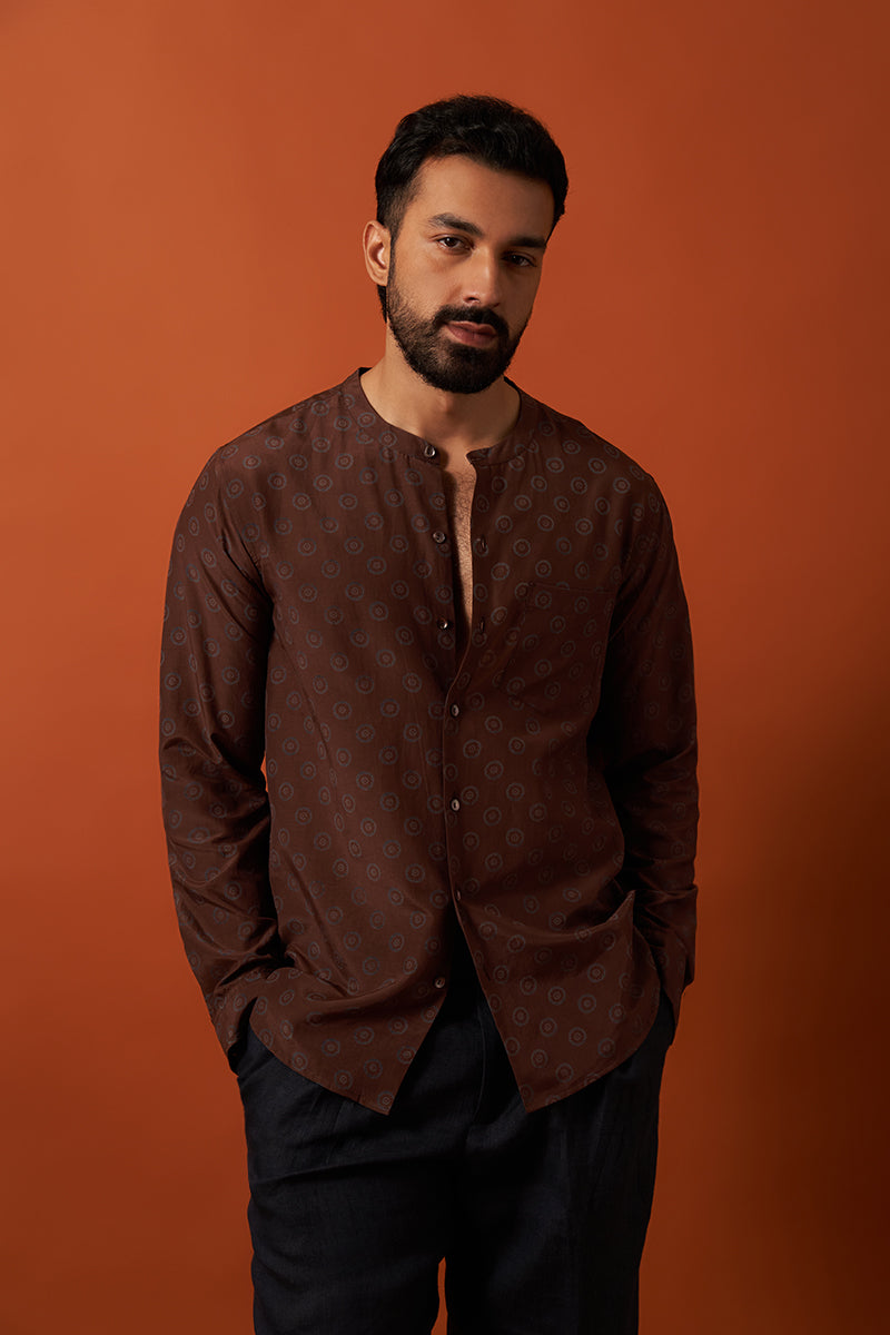 Brown Sun Cotton Silk Hand Blockprinted Shirt