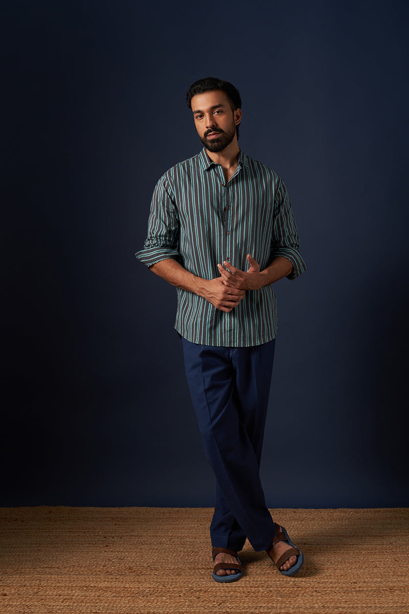 Teal Stripes Voile Hand Blockprinted Shirt