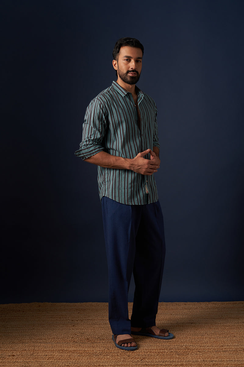 Teal Stripes Voile Hand Blockprinted Shirt