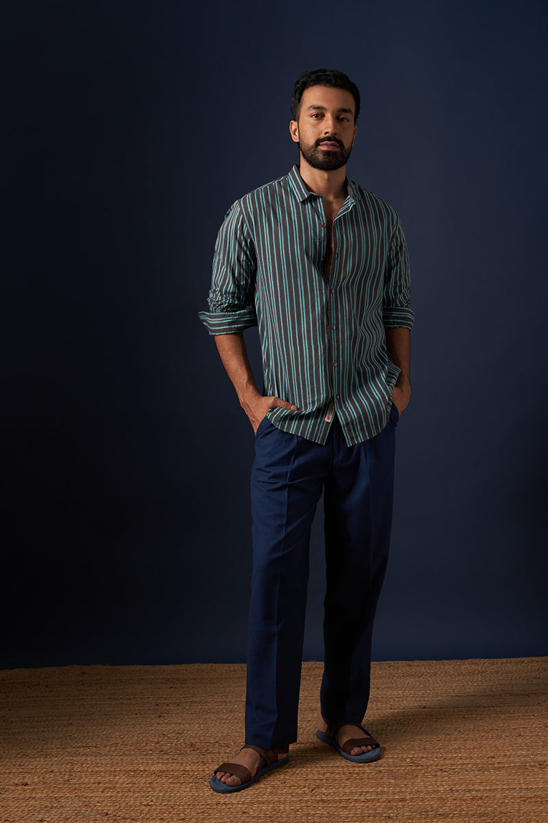 Teal Stripes Voile Hand Blockprinted Shirt