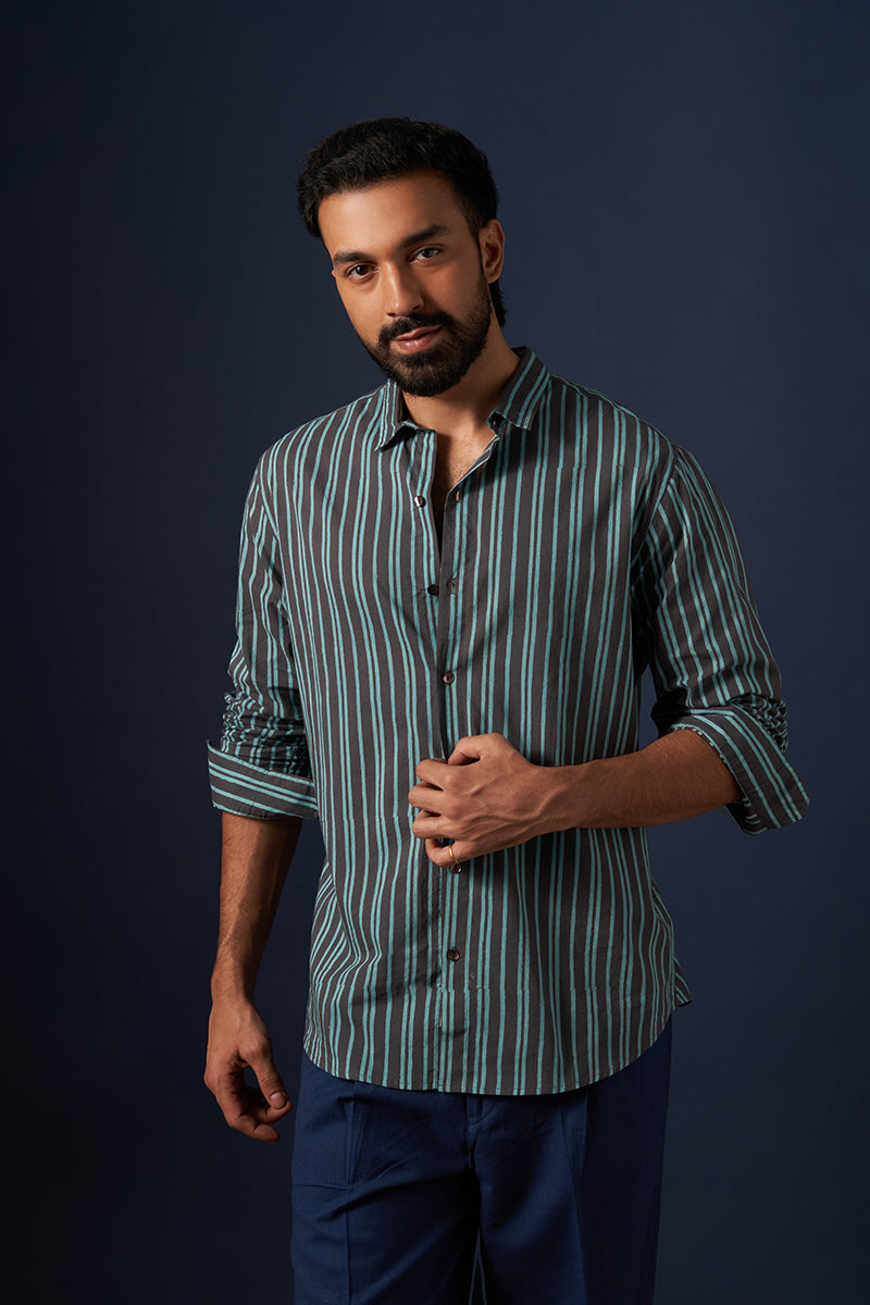 Teal Stripes Voile Hand Blockprinted Shirt