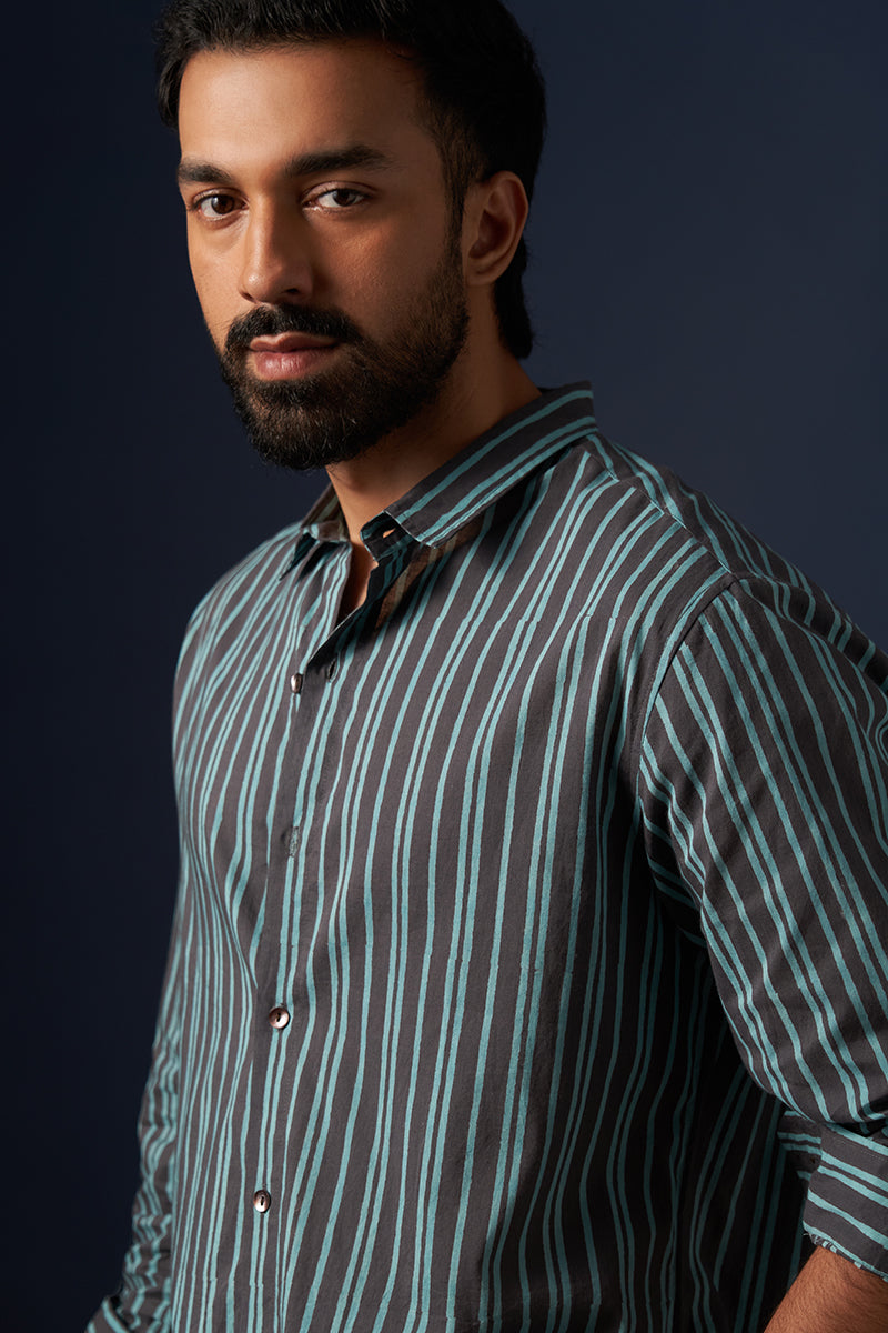 Teal Stripes Voile Hand Blockprinted Shirt