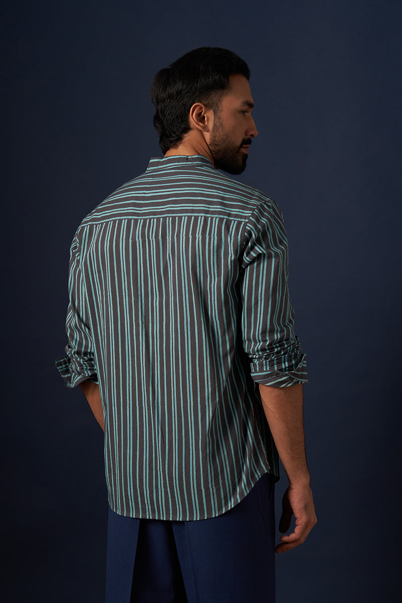 Teal Stripes Voile Hand Blockprinted Shirt