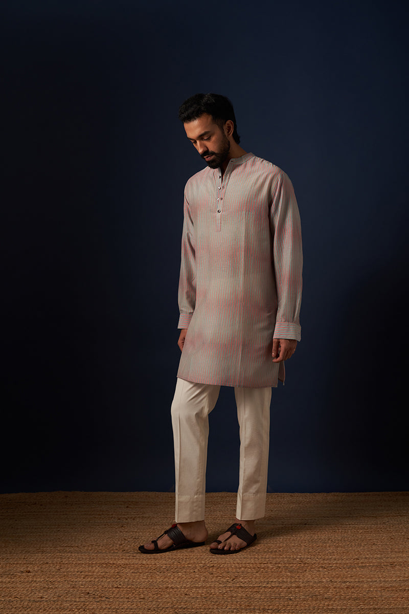 Pink Stripes Cotton Silk Hand Blockprinted Kurta