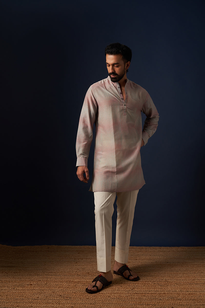 Pink Stripes Cotton Silk Hand Blockprinted Kurta
