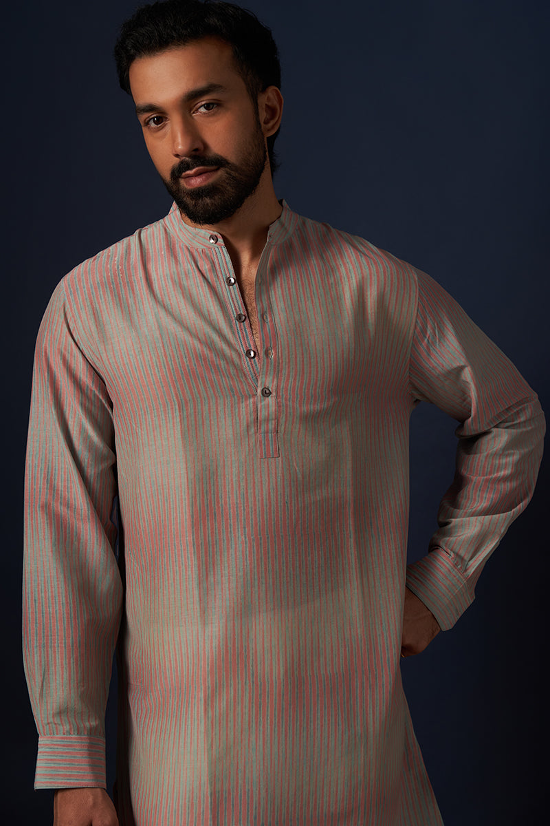 Pink Stripes Cotton Silk Hand Blockprinted Kurta