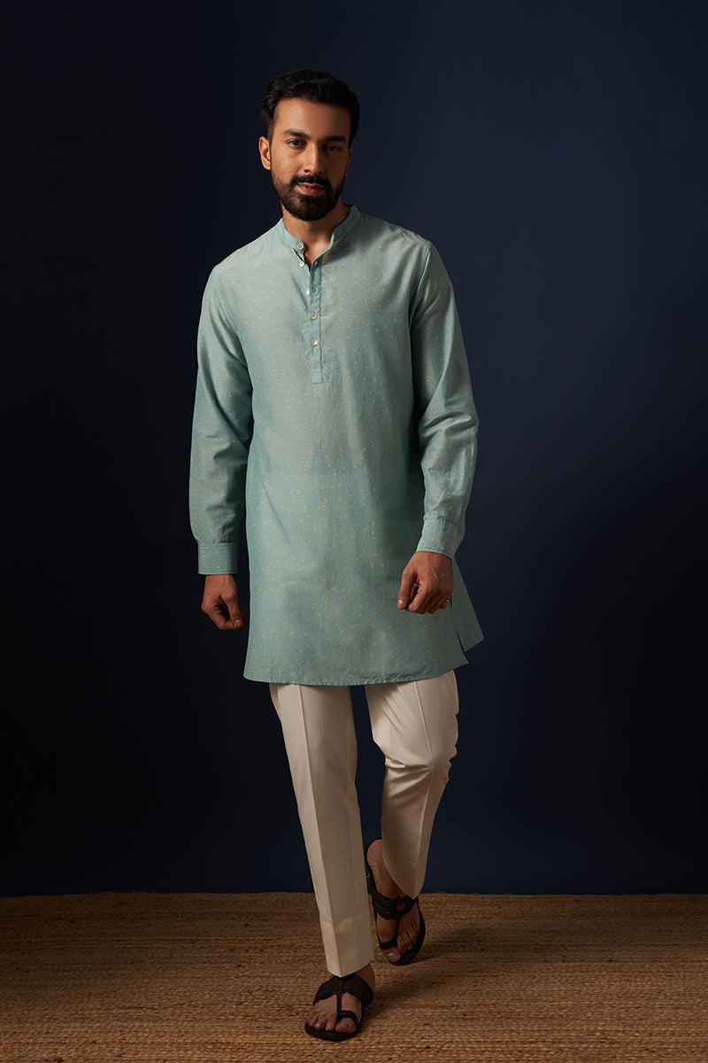Teal Squares Cotton Silk Hand Blockprinted Kurta