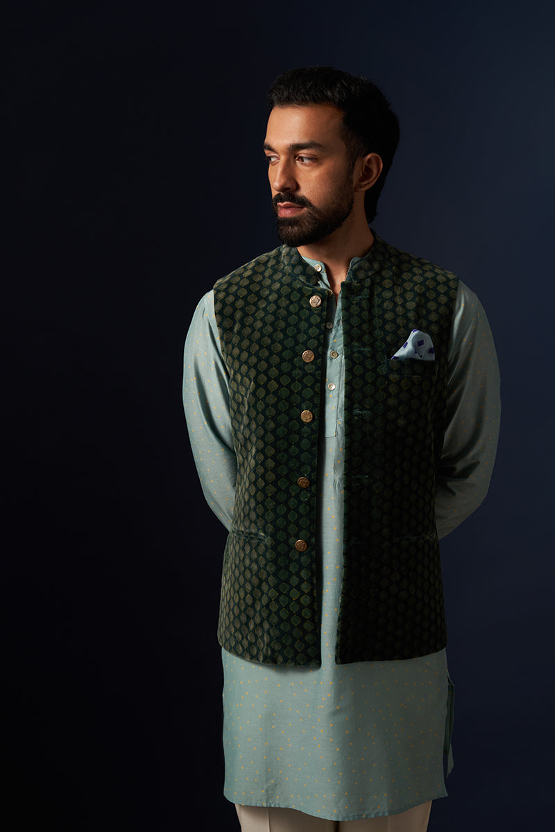 Kadamb Green Drops Wine Red Hand Blockprinted Cotton Velvet Bandi