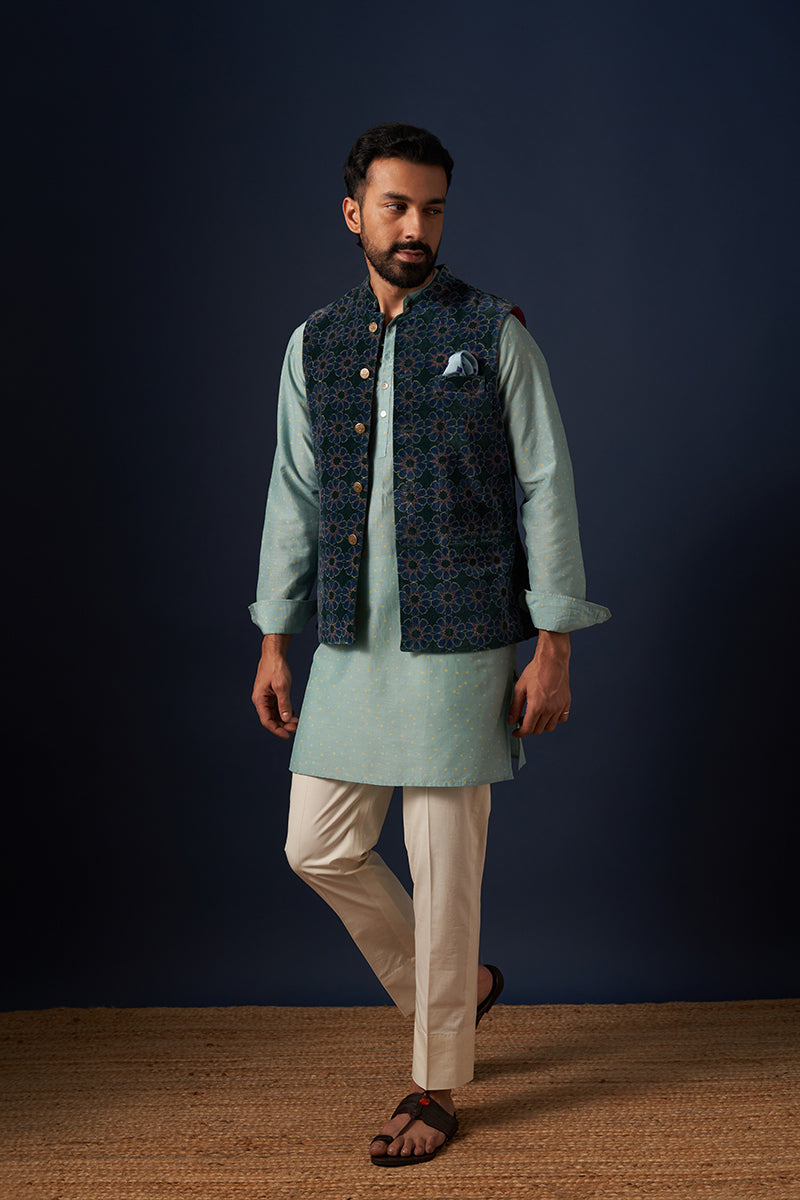 Ashvattha Blue Green Wine Red Hand Block printed Cotton Velvet Bandi
