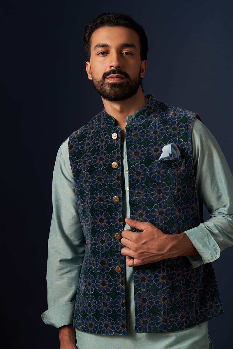 Ashvattha Blue Green Wine Red Hand Block printed Cotton Velvet Bandi