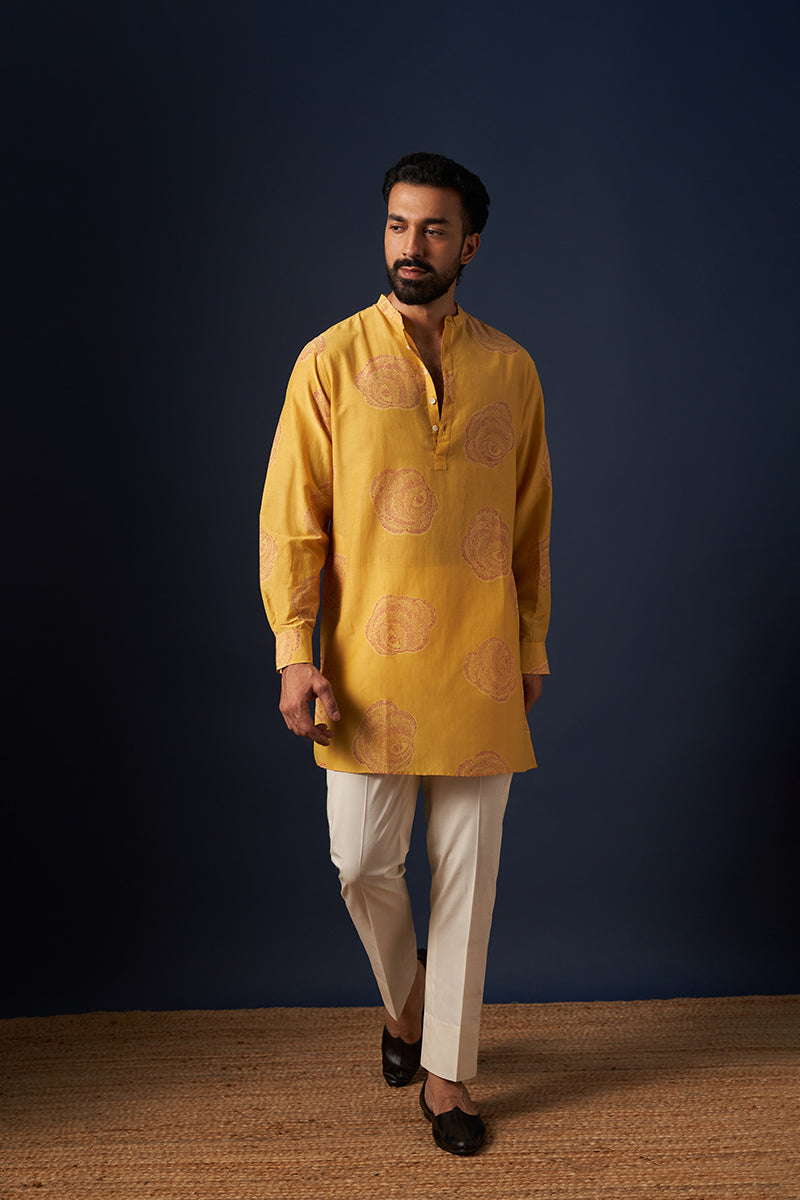 Yellow Rose Cotton Silk Hand Blockprinted Kurta