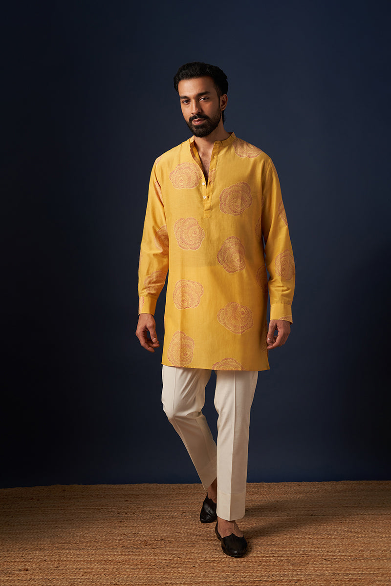 Yellow Rose Cotton Silk Hand Blockprinted Kurta