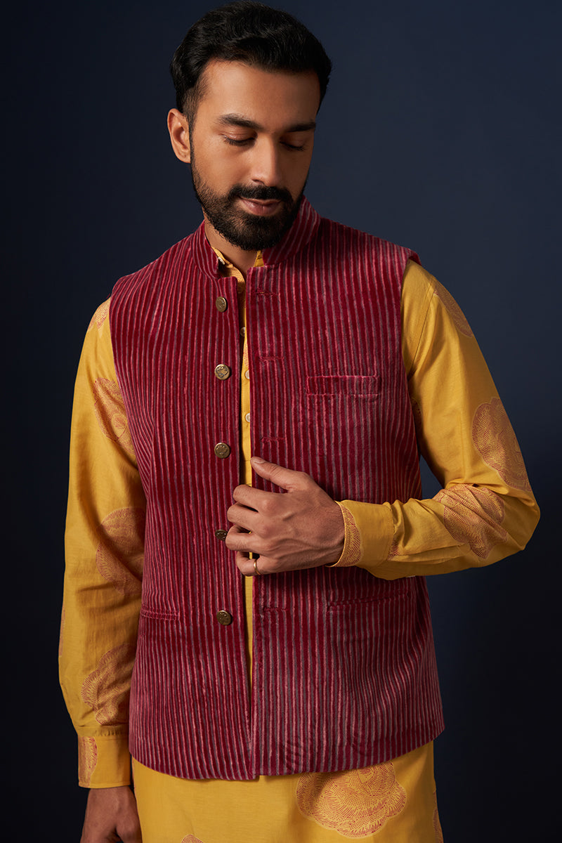 Atri Wine Red Stripes Hand Blockprinted Cotton Velvet Bandi