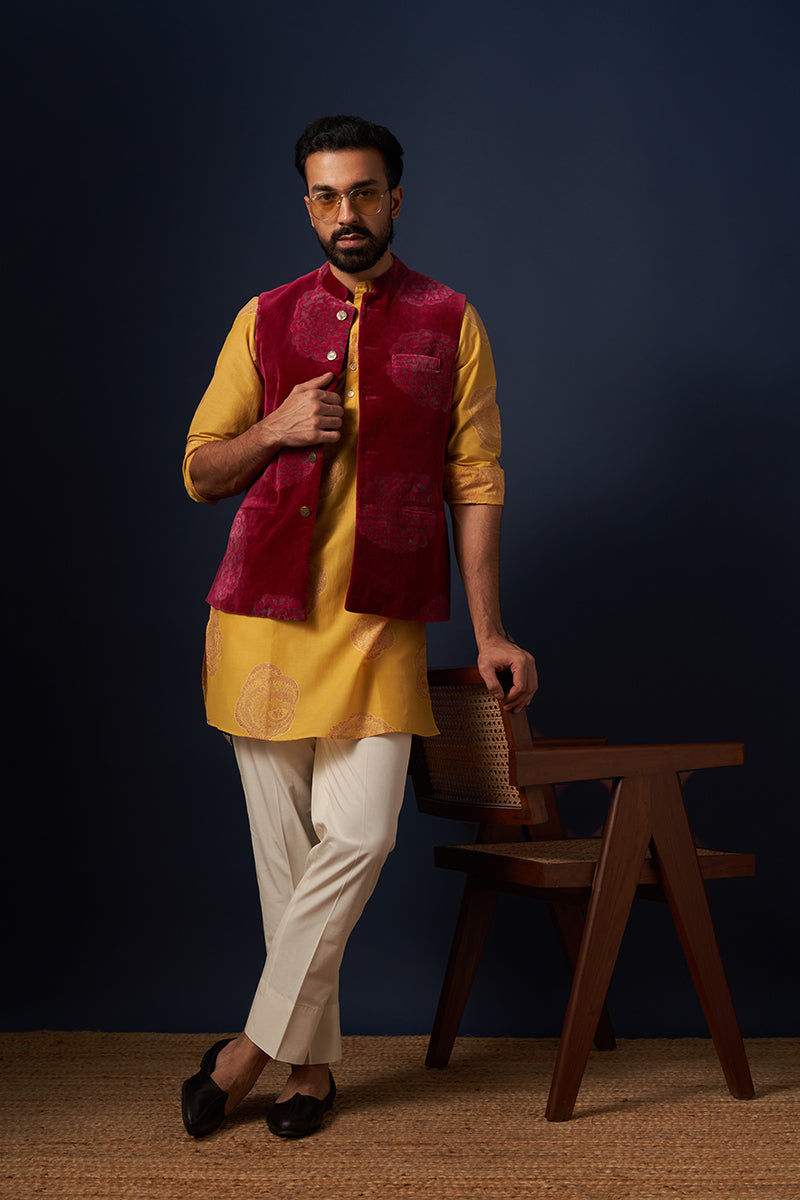 Vasishtha Wine Red Chrys Flower Wine Red Hand Blockprinted Cotton Velvet Bandi