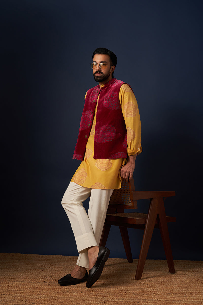 Vasishtha Wine Red Chrys Flower Wine Red Hand Blockprinted Cotton Velvet Bandi