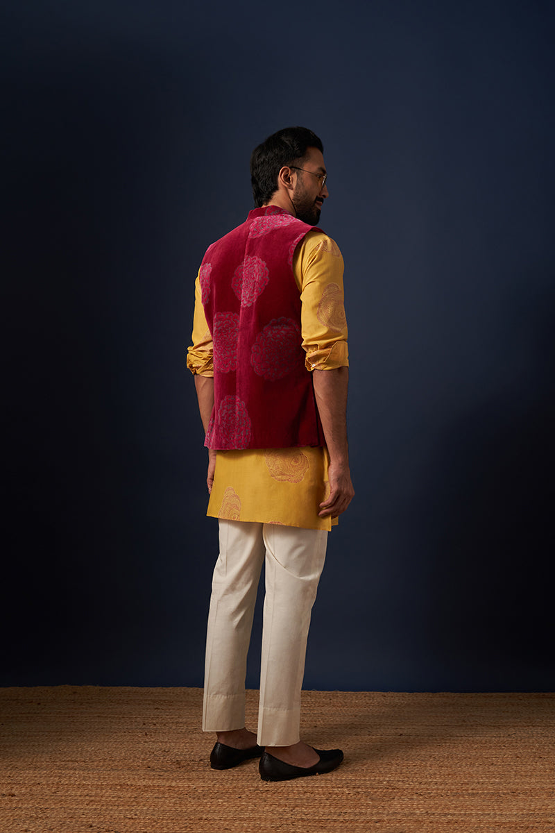 Vasishtha Wine Red Chrys Flower Wine Red Hand Blockprinted Cotton Velvet Bandi