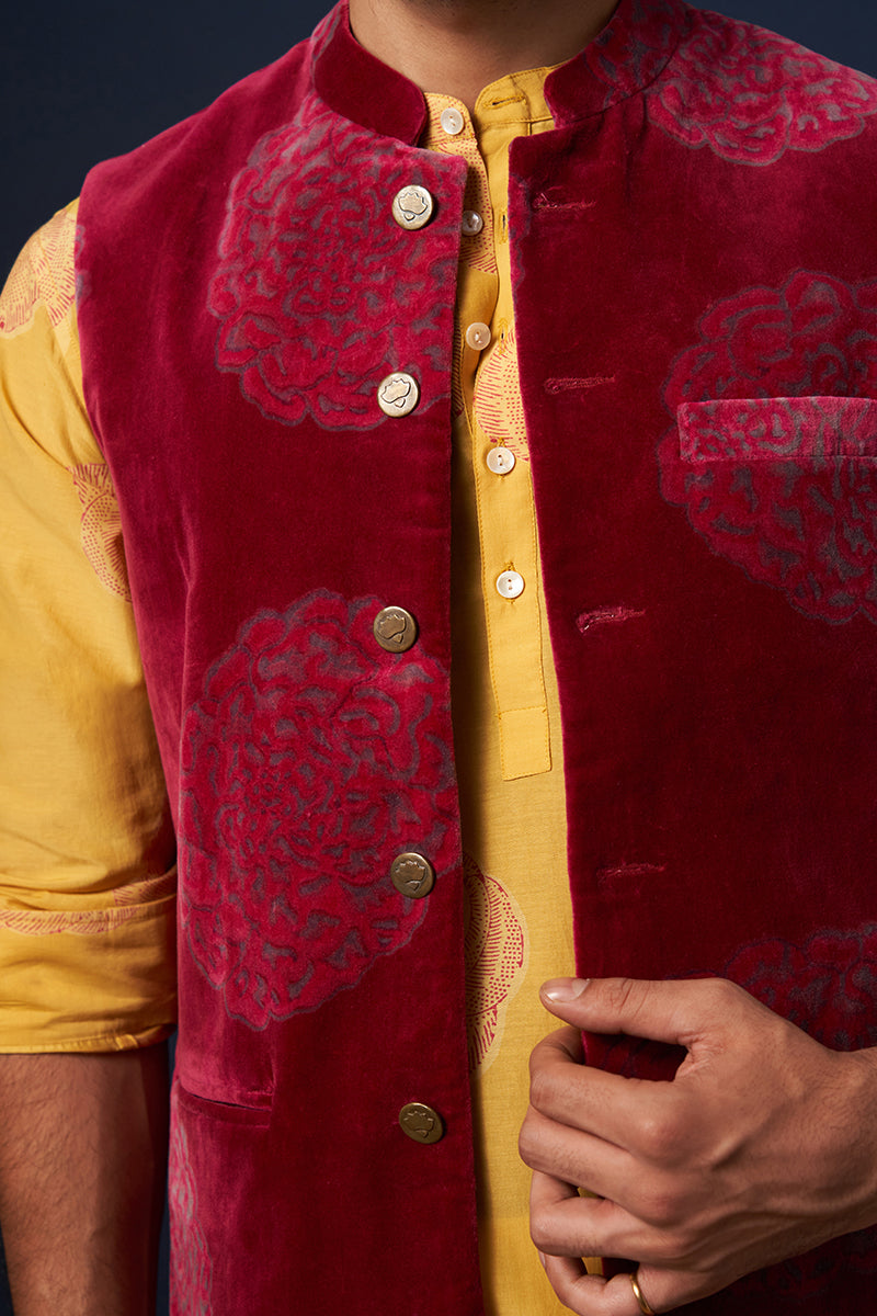 Vasishtha Wine Red Chrys Flower Wine Red Hand Blockprinted Cotton Velvet Bandi
