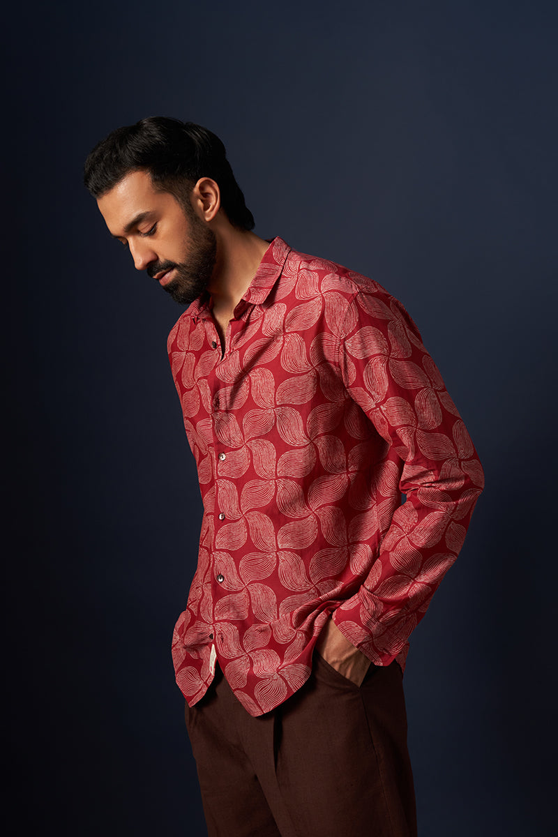 Wine Wind Cotton Silk Hand Blockprinted Shirt