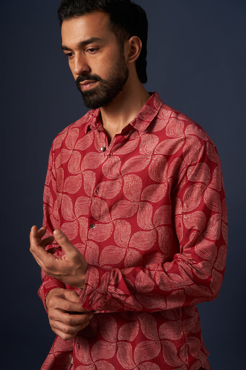 Wine Wind Cotton Silk Hand Blockprinted Shirt