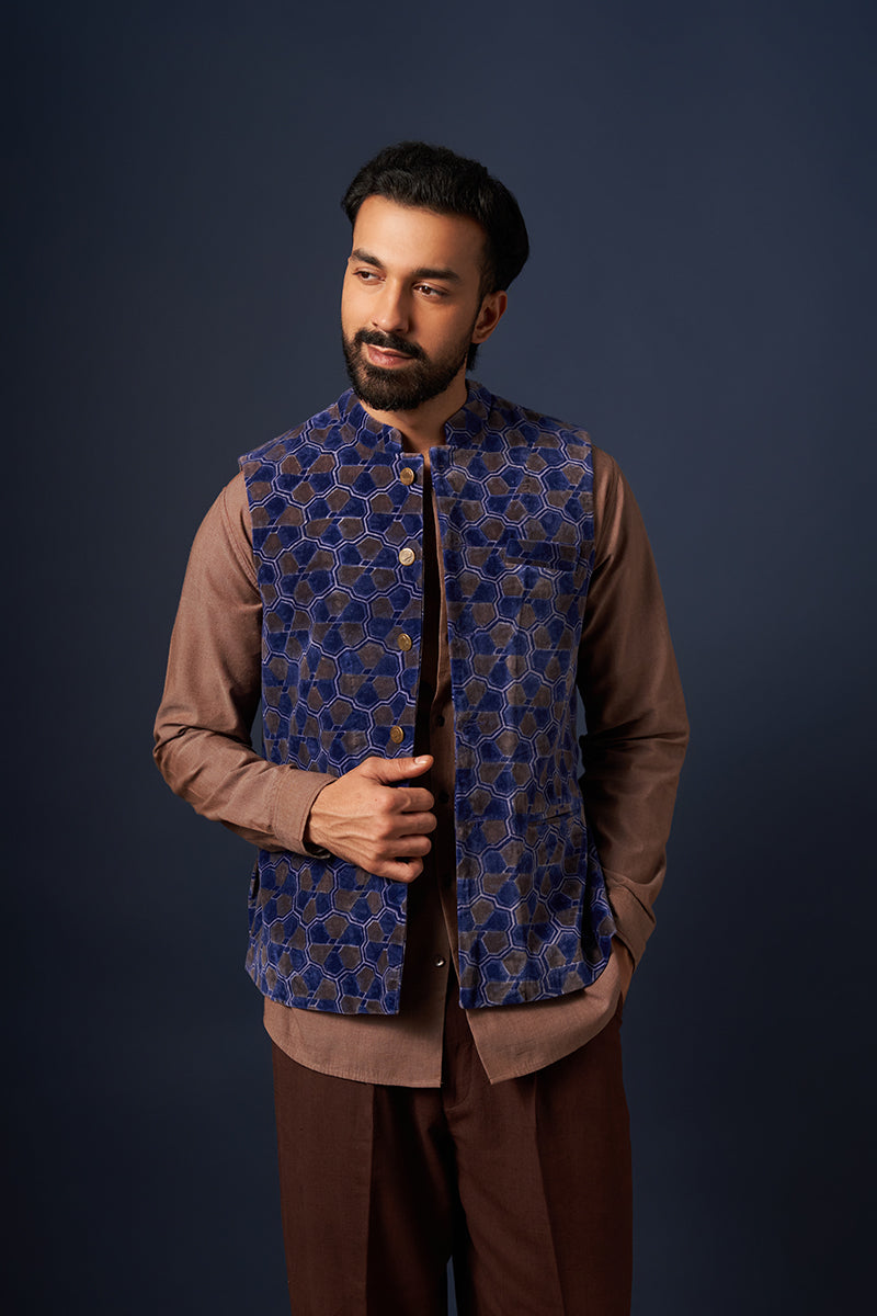 Bhardwaj Blue Tesselation Wine Red Hand Blockprinted Cotton Velvet Bandi