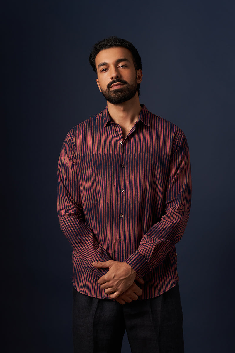 Indigo Stripes Voile Hand Blockprinted Shirt
