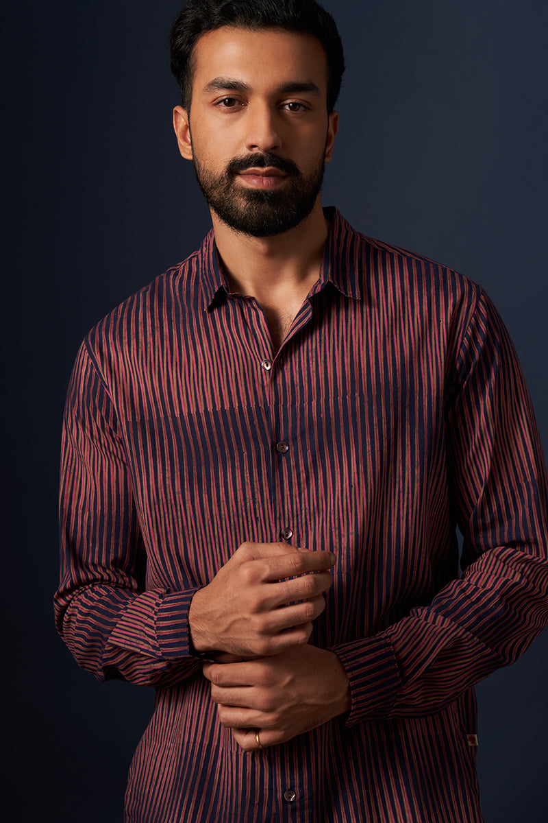 Indigo Stripes Voile Hand Blockprinted Shirt