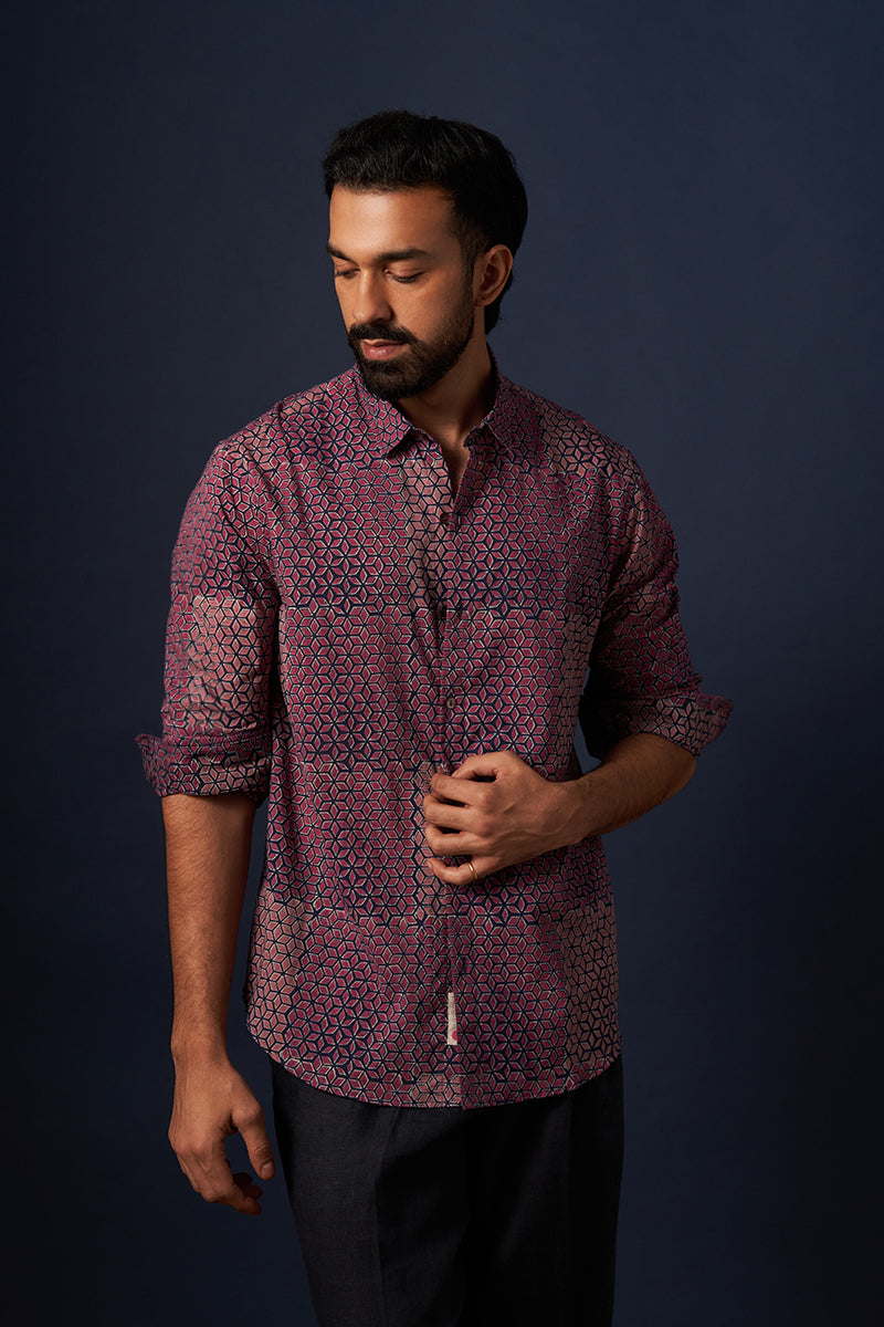 Wine Diamond Voile Hand Blockprinted Shirt