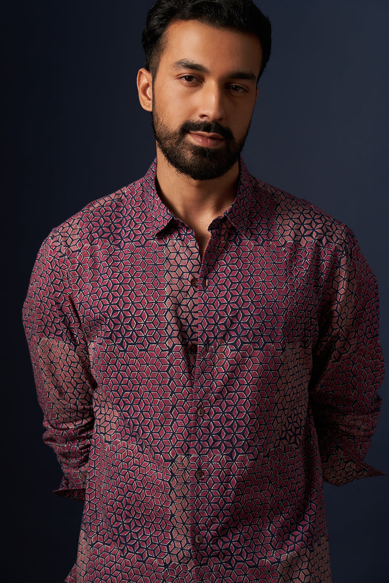 Wine Diamond Voile Hand Blockprinted Shirt