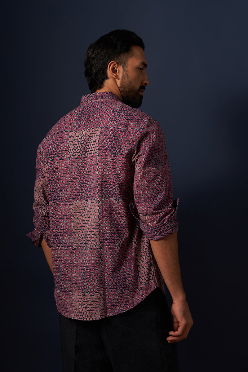Wine Diamond Voile Hand Blockprinted Shirt