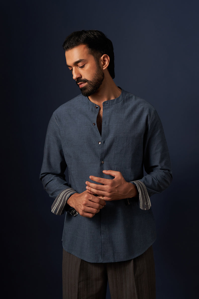Karma Blue Black Handspun Handwowen Cotton Shirt
