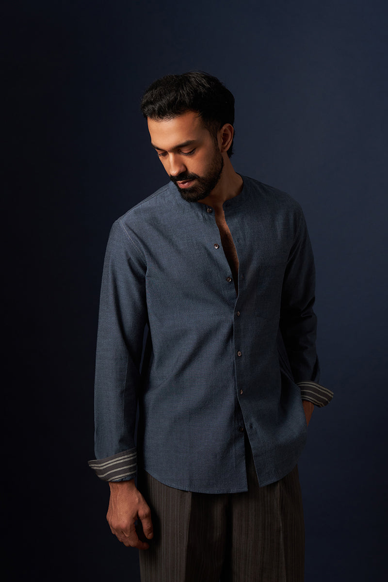 Karma Blue Black Handspun Handwowen Cotton Shirt