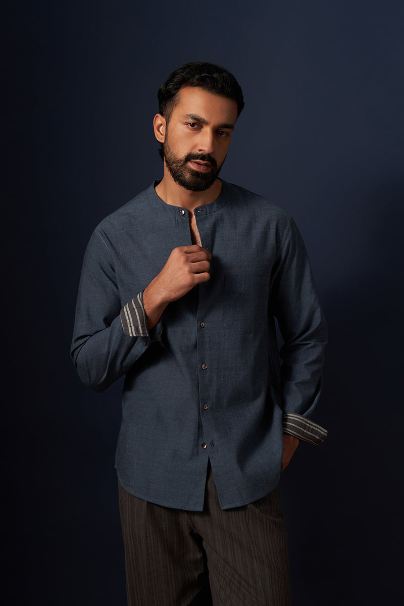 Karma Blue Black Handspun Handwowen Cotton Shirt