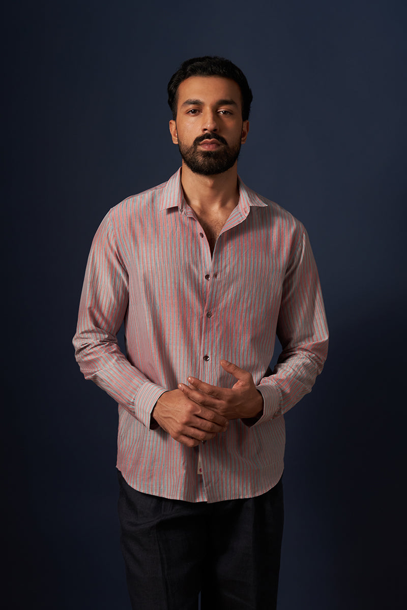 Pink Stripes Cotton Silk Hand Blockprinted Shirt