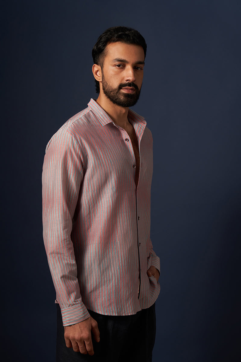 Pink Stripes Cotton Silk Hand Blockprinted Shirt