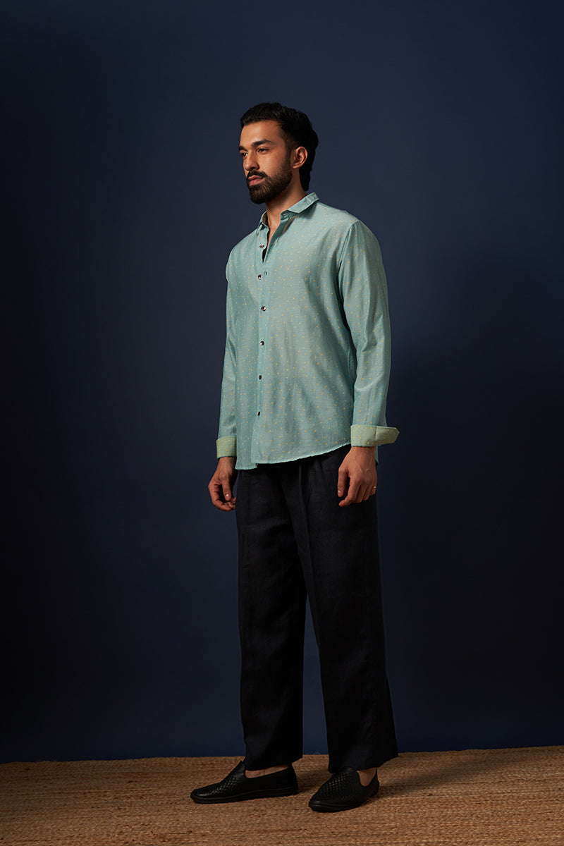 Teal Squares Cotton Silk Hand Blockprinted Shirt