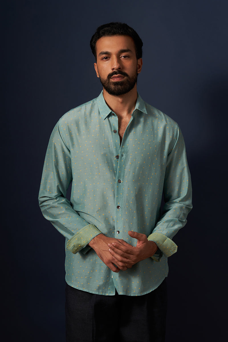 Teal Squares Cotton Silk Hand Blockprinted Shirt