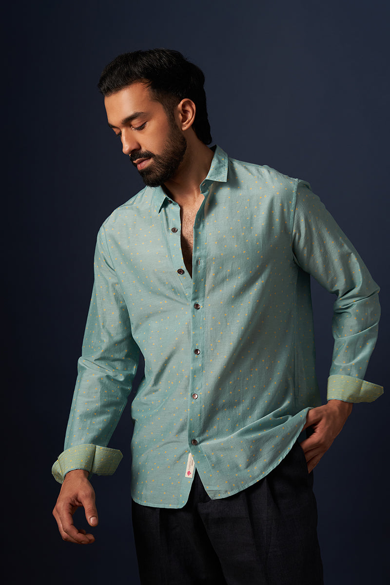 Teal Squares Cotton Silk Hand Blockprinted Shirt