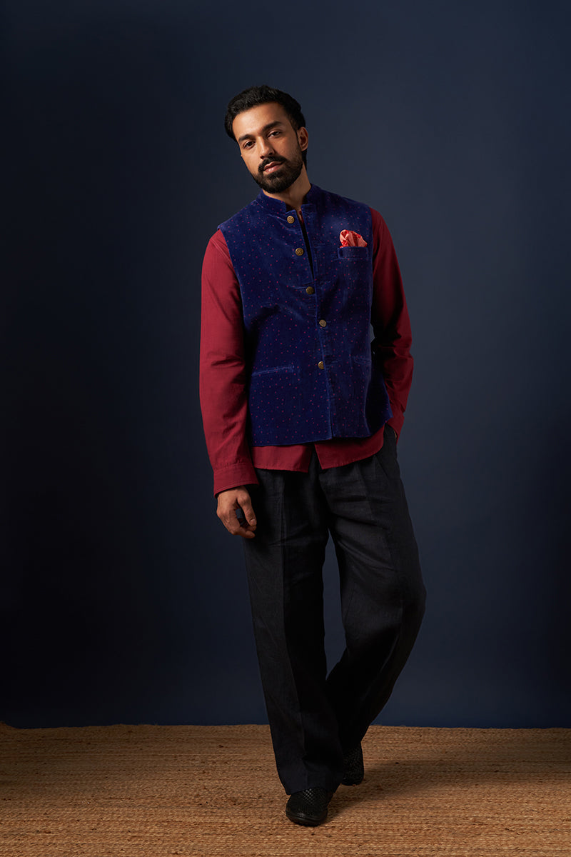 Gautam Blue Wine Red Hand Blockprinted Cotton Velvet Bandi