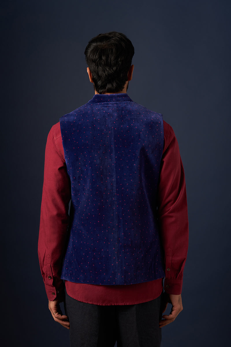 Gautam Blue Wine Red Hand Blockprinted Cotton Velvet Bandi