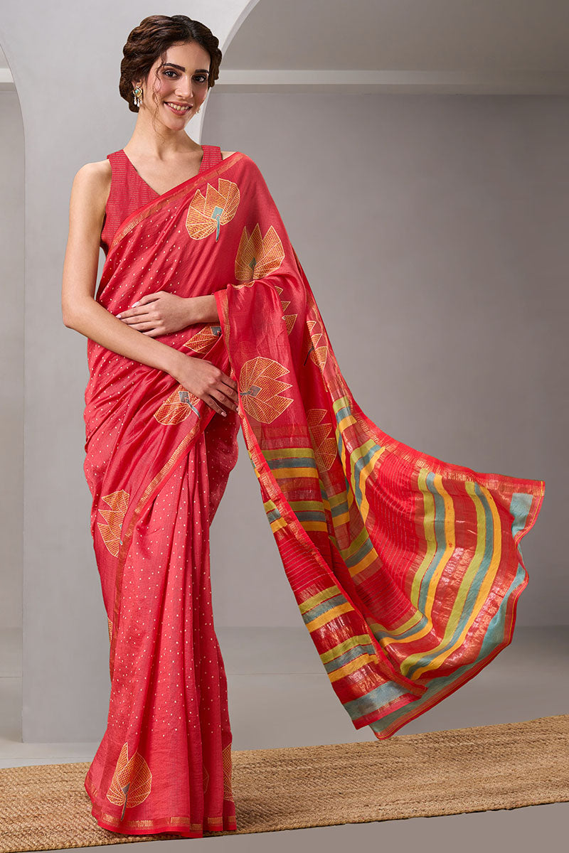 Manjari Handloom Maheshwari Silk Hand Blockprinted  saree