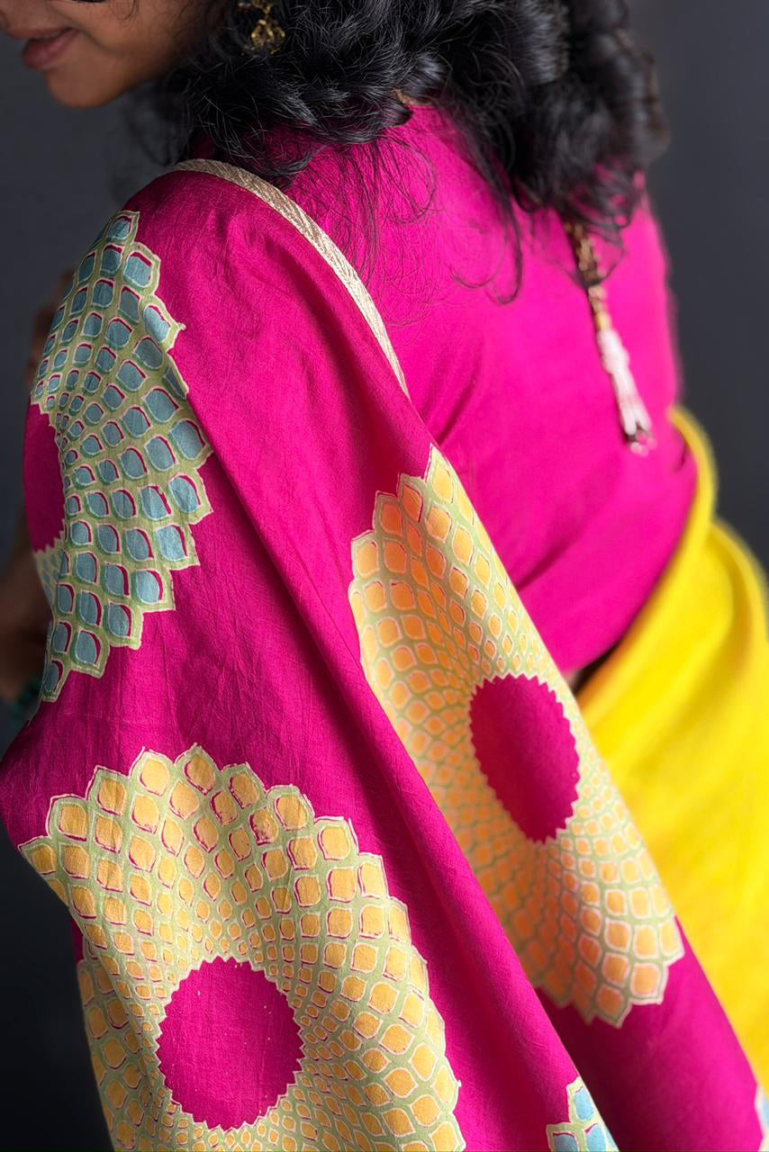 Ahilya Mulberry Silk Flip Pallu Saree Yellow Pink