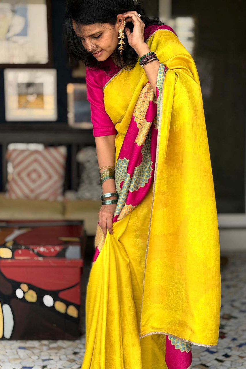 Ahilya Mulberry Silk Flip Pallu Saree Yellow Pink