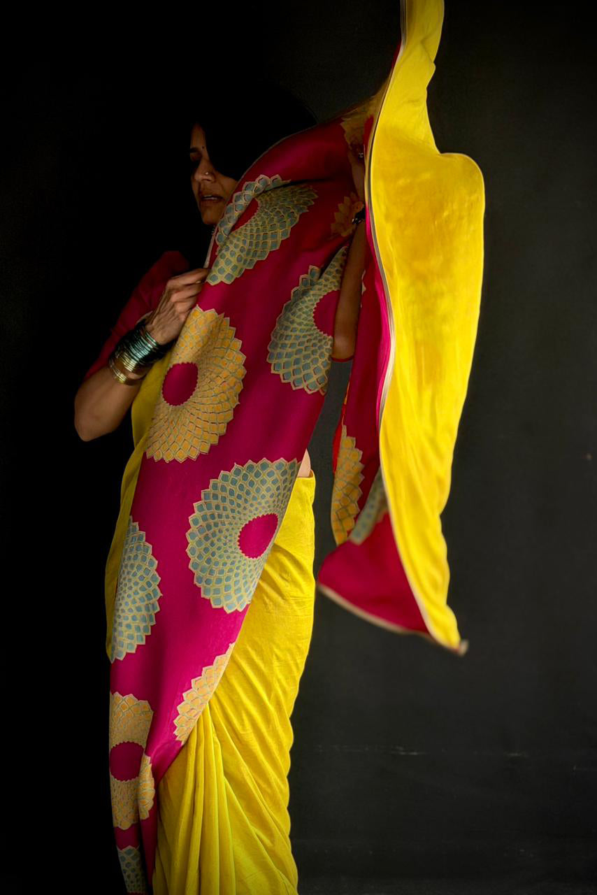 Ahilya Mulberry Silk Flip Pallu Saree Yellow Pink