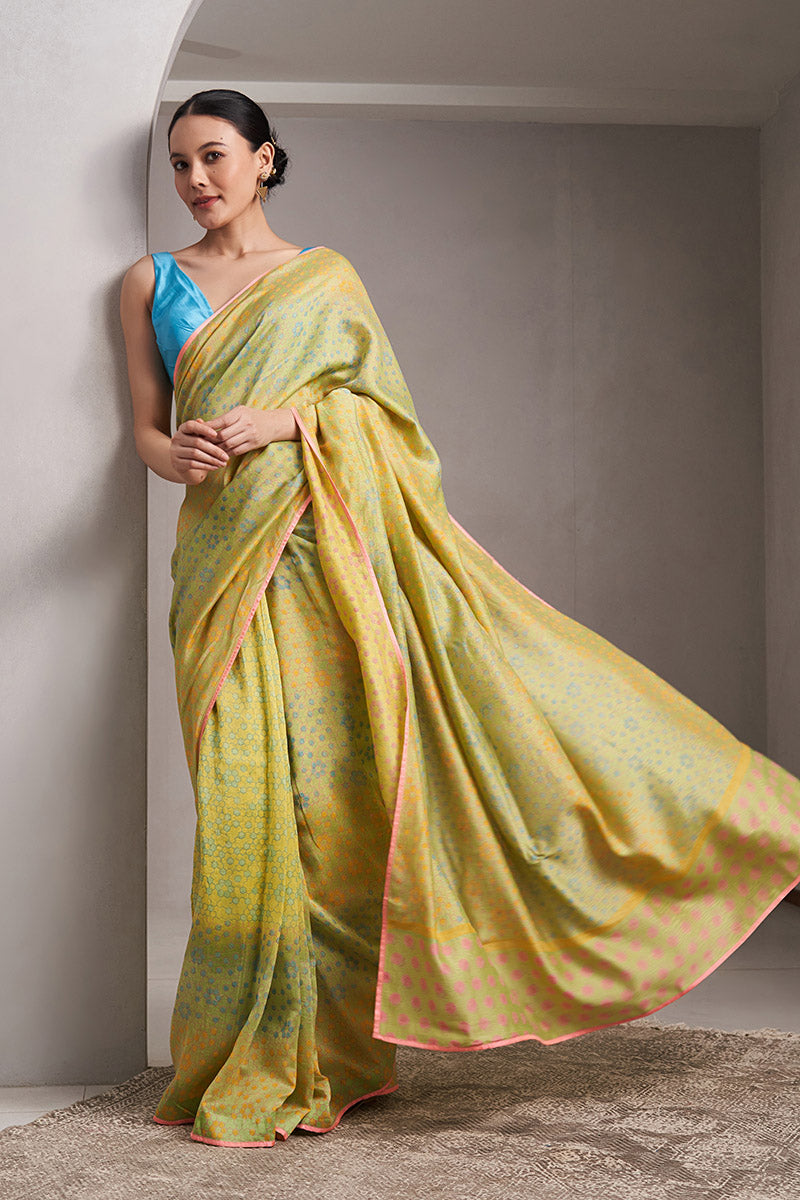 Ganga Maheshwari Block Printed Flip Pallu Saree - Green_Yellow